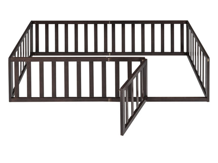 Twin Size Floor Bed Frame With Fence And Door - Walnut