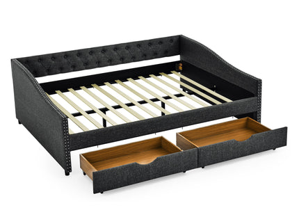 Upholstered Tufted Daybed With 2 Drawers, Waved Arms