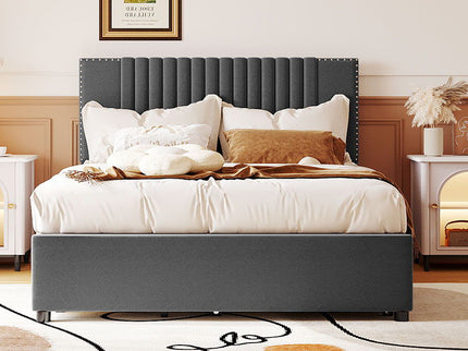 Upholstered Platform Bed With Drawers, Classic Headboard Design