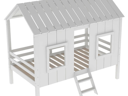 Twin Size Low Loft House Bed With Roof And 2 Front Windows - White
