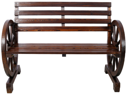 Rustic Country 2 Person Wooden Wagon Wheel Bench With Slatted Seat And Backrest - Brown