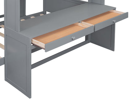 Loft Bed With A Twin Size Standalone Bed, Shelves, Desk, And Wardrobe