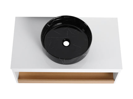 Floating Bathroom Vanity With Vessel Sink With Open Shelf Storage