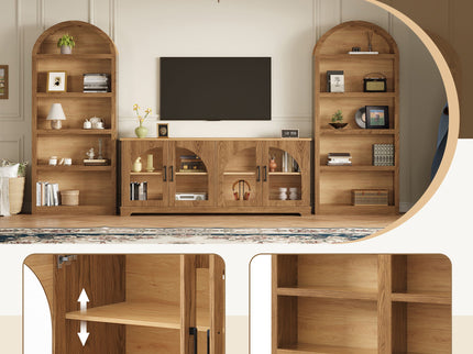 3 Piece TV Stand Set With Bookshelf With Arched Design For Living Room - Brown