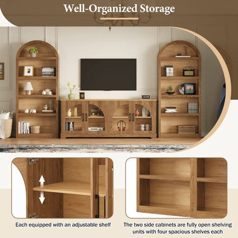 3 Piece TV Stand Set With Bookshelf With Arched Design For Living Room - Brown