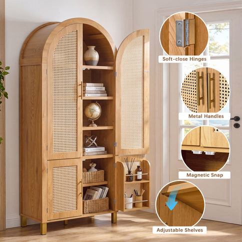 Tall Arched Cabinet With Rattan Doors & Adjustable Shelves