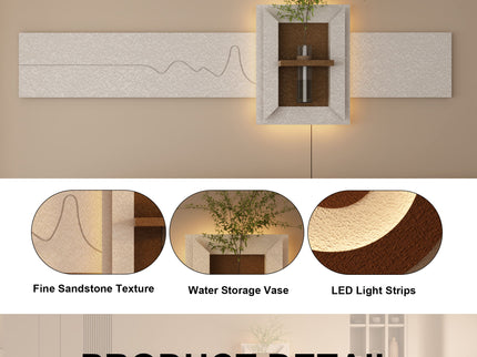 3D LED Sandstone Wall Decor With Simulated Plants, Glass Vase & Remote Control - Light Coffee