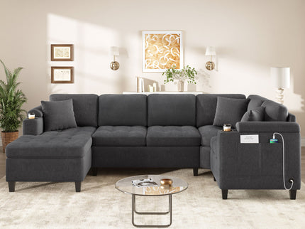 U Shaped Sectional Sofa, Corner Living Room Couch With Built In Cup Holders, Storage, USB Ports