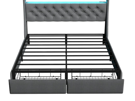 Floating Bed Frame With Rgb LED Light, 2 Storage Drawers & Headboard Shelf
