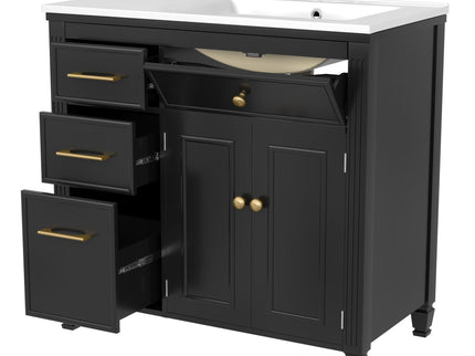 Modern Bathroom Vanity With Ceramic Sink, Freestanding, One Tip Out Drawer, 3 Side Drawers, Adjustable Shelf