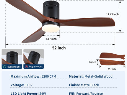 Low Profile Flush Mount Intergrated LED Ceiling Fan With Light And Silent Reversible Motor