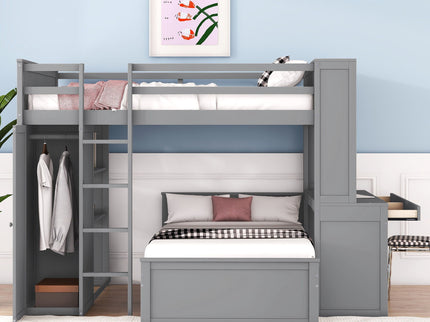 Loft Bed With A Twin Size Standalone Bed, Shelves, Desk, And Wardrobe
