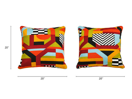 La Broderie - Square Embroidered Throw Pillow & Feather Down Insert - Colorpop Multicolored Embroidery