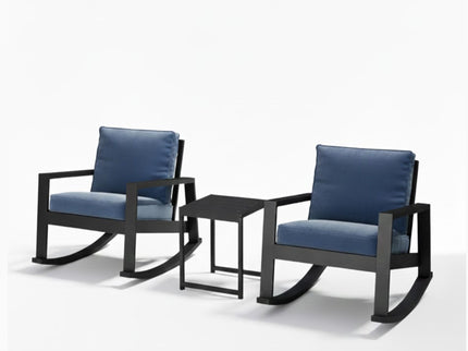 Outdoor Rocking Bistro Set Of 3, Oversized Rocking Chairs With Cushions And Side Table - Black / Blue