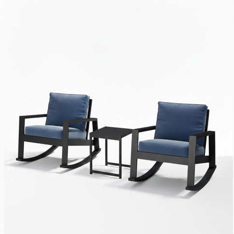 Outdoor Rocking Bistro Set Of 3, Oversized Rocking Chairs With Cushions And Side Table - Black / Blue