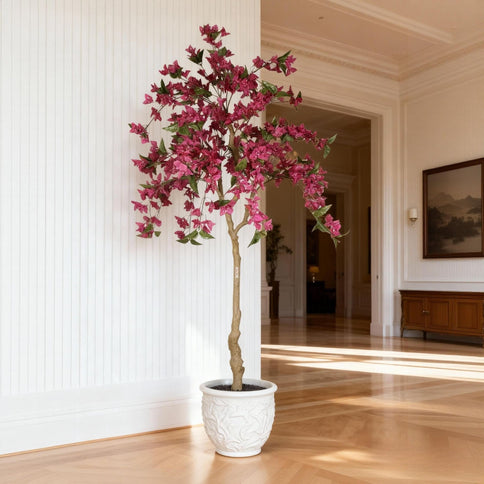 Artificial Bougainvillea Tree, Realistic Faux Potted Plant For Indoor Home Decor - Dark Pink / Green Leaves