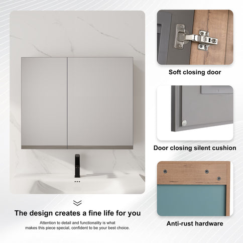 33.56" Wall Mounted Bathroom Cabinet With Adjustable Shelves - Imitative Oak