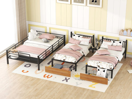 Full Over Twin-Twin Triple Bunk Bed With Drawers And Staircase - Black