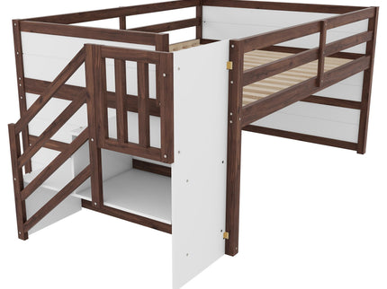 Low Loft Bed Frame With Built In Stairs, Storage Drawer, Shelf And 7 Color LED Light