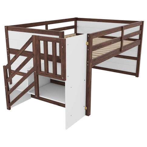Low Loft Bed Frame With Built In Stairs, Storage Drawer, Shelf And 7 Color LED Light