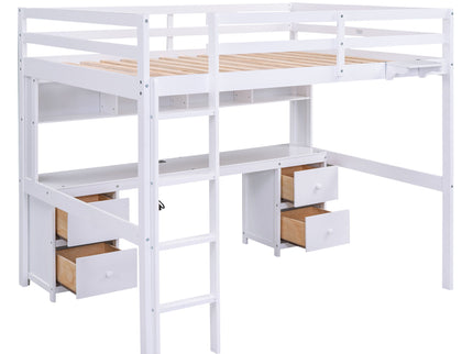 Loft Bed With Desk, Cabinets, Drawers, Charging Station And Bedside Tray