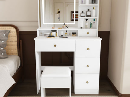 Vanity Desk With Mirror, 3 Color Lighting And Stool