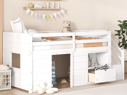 Low Loft Bed With Stair, Drawer, And Shelf