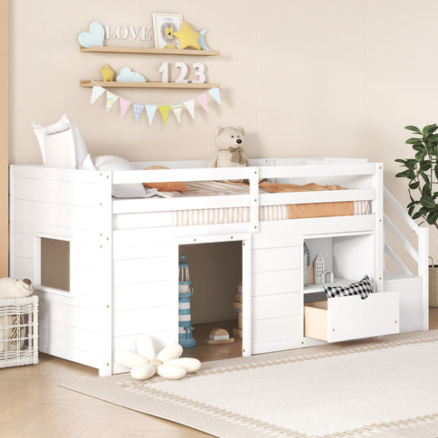 Low Loft Bed With Stair, Drawer, And Shelf