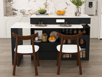 Retro Kitchen Island Set With Chairs, Extendable & Rotating Table, 4 Drawers & Door Cabinets