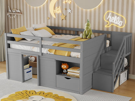 Low Loft Bed Frame With Built In Stairs, Storage Drawer, Shelf And 7 Color LED Light