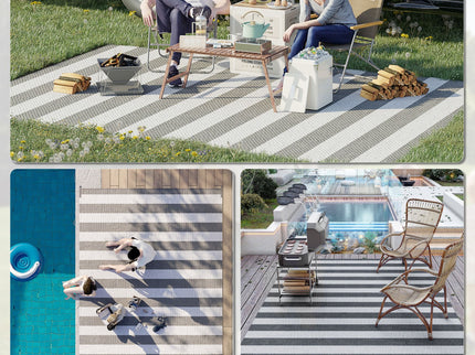 Outsunny - Reversible Outdoor Rug, 9' x 12' Waterproof Plastic Straw Floor Mat, Portable Rv Camping Carpet With Carry Bag, Large Floor Mat For Backyard, Deck, Picnic, Beach - Gray & White Striped