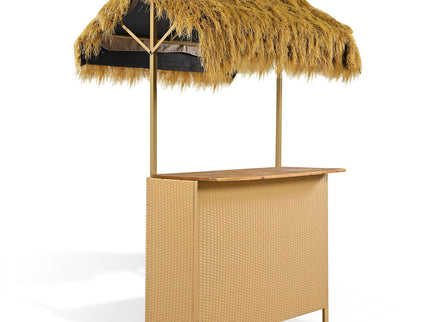 Hawaiian-Style Bar Height Patio Set With PE Grass Canopy, Outdoor Bar Table And Stools With Adjustable Feet, Acacia Wood Top, For Dining And Drinking - Natural