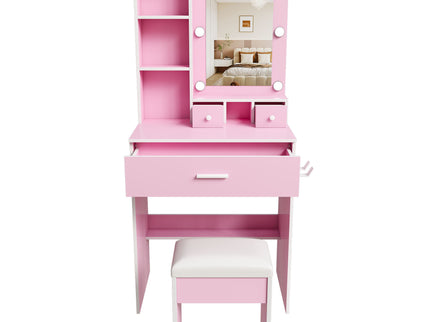 Vanity Table With Mirror, Adjustable LED Lights, Power Outlet, Hairdryer Holder & Stool