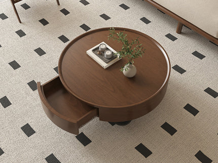 Round Coffee Table With Storage Drawer And Ball Feet - Walnut / Black