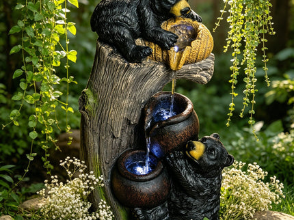 Bear Tree Stump Outdoor Water Fountain With LED Lights - Brown Gray