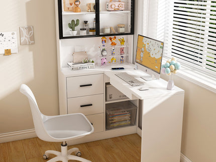 L-Shaped Computer Desk With Glass Cabinets, Built In LED Lights, USB Charging Ports