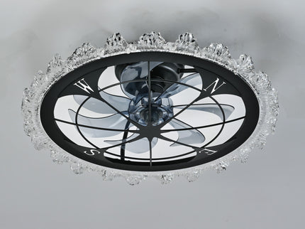 Caged Ceiling Fan With Remote Controlled Dimmable LED Lights, Flush Mount Fan, Low Profile Design - Matte Black