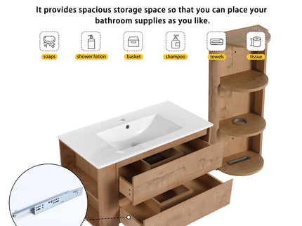 Modern Wall Mounted Bathroom Vanity With Ceramic Sink And Storage Rack, 2 Soft Close Drawers