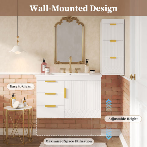 Wall Mounted Bathroom Cabinet With Side Cabinet Combo With Soft-Closing Doors And Drawers, Ceramic Sink