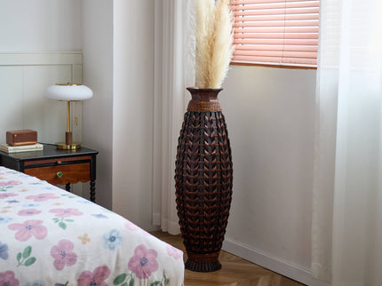 Hand Woven Bamboo Floor Vase, Decorative Accent For Living Room - Acacia Wood