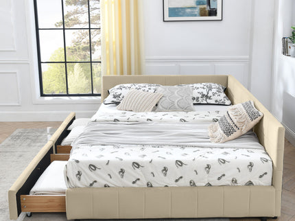 Mid-Century Storage Upholstered Tufted Bed Frame With Backrest And Armrests