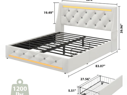 Wingback Upholstered Bed Frame With LED Lights, Charging Station