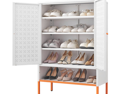 Grid Double Door Shoe Cabinet With Adjustable Compartments And Moisture-Proof Design In Metal