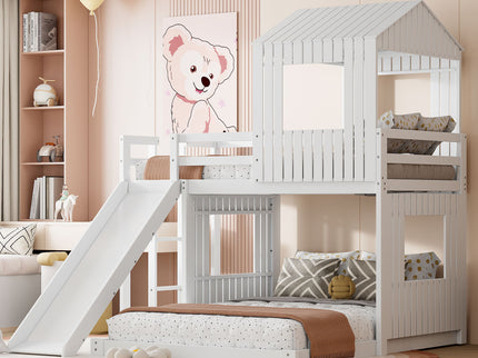 Loft Bunk Bed With Playhouse, Farmhouse, Ladder, Slide And Guardrails