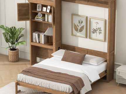 Queen Size Murphy Bed With Louvered Design And Multiple Storage Shelves - Wood