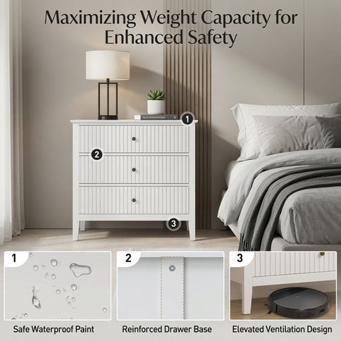 3 Drawer Nightstand, Wide With Soft Close Slides - White