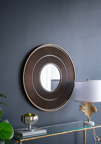 Round Carter Wooden Mirror WithIron Frame Neutral Colorway Wall Decor For Live Space