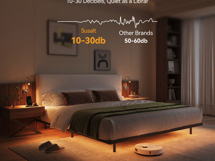 Floating King Size Bed With Integrated Side Tables And Smart Lighting - Beige Gray / White