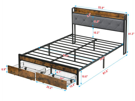 Modern Bed Frame With LED Lights, Upholstered Headboard, USB Charging