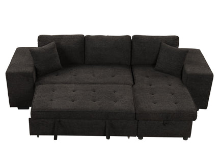 Modern L-Shape 3 Seat Reversible Sectional Couch, Pull Out Sleeper Sofa With Storage Chaise And 2 Stools For Living Room Furniture Set